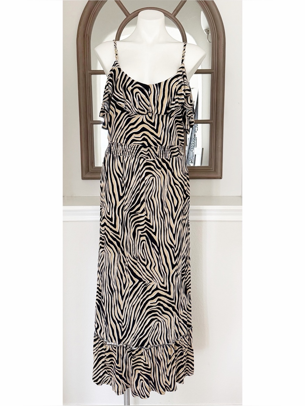 Michael Kors Beaded Cold Shoulder Tiered Zebra Print Maxi Dress, Size XL, NWT